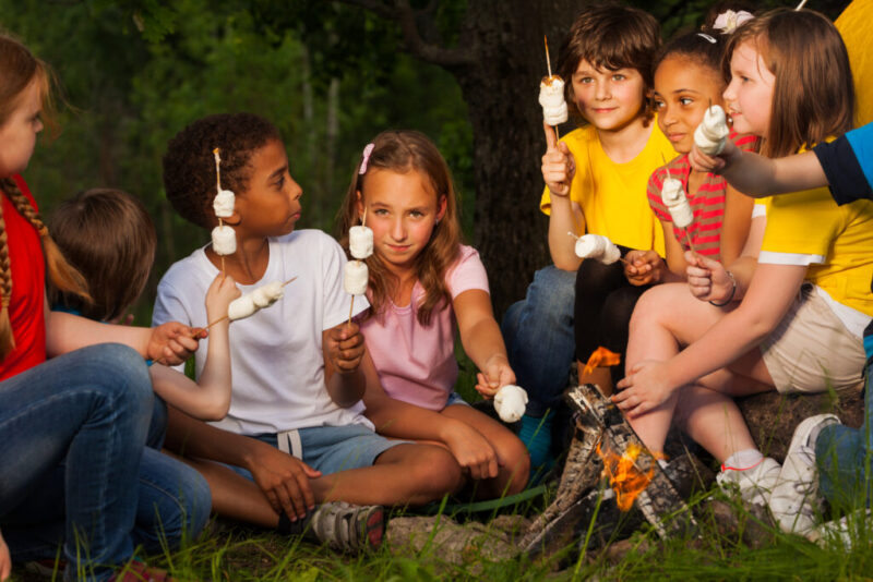 Group of children sitting around a campfire roasting marshmallows