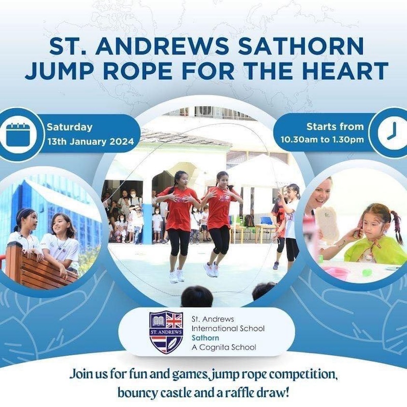 Flyer for St. Andrews Sathorn charity jump rope event featuring school students