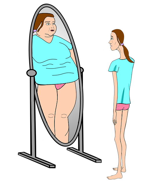 Cartoon image of a thin girl looking at a fat reflection of herself in the mirror