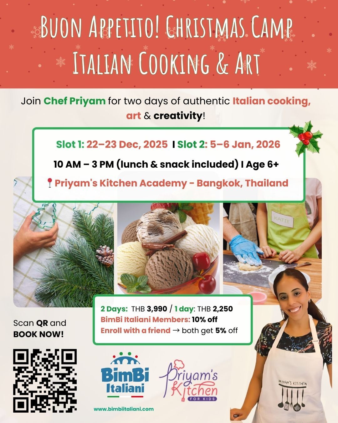 Buon Appetito! New Year Edition – Italian Cooking & Art Start the new year with creativity, flavors, and festive fun! Join Chef Priyam for a joyful two-day camp filled with hands-on cooking, winter-themed art, and lots of holiday cheer. A perfect way for children to return from the holidays inspired, active, and full of imagination. During the camp, kids will: • prepare delicious Italian recipes • make creative New Year & winter crafts • enjoy fun, cozy activities in a welcoming environment • build confidence and friendships Date: 5–6 January 2026 Time: 10 AM – 3 PM (lunch & snack included) Ages: 6+ Location: Priyam’s Kitchen Academy – Bangkok Fee: 3,990 THB (2 days) BimBi Italiani Members: 10% off Enrol with a friend: both get 5% off Register here: https://docs.google.com/.../1FAIpQLSexxv5b1agEDm.../viewform A wonderful beginning to 2026 — full of flavor, art, and Italian magic!