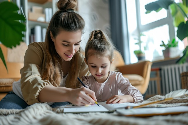 mother working on homework with a small girl